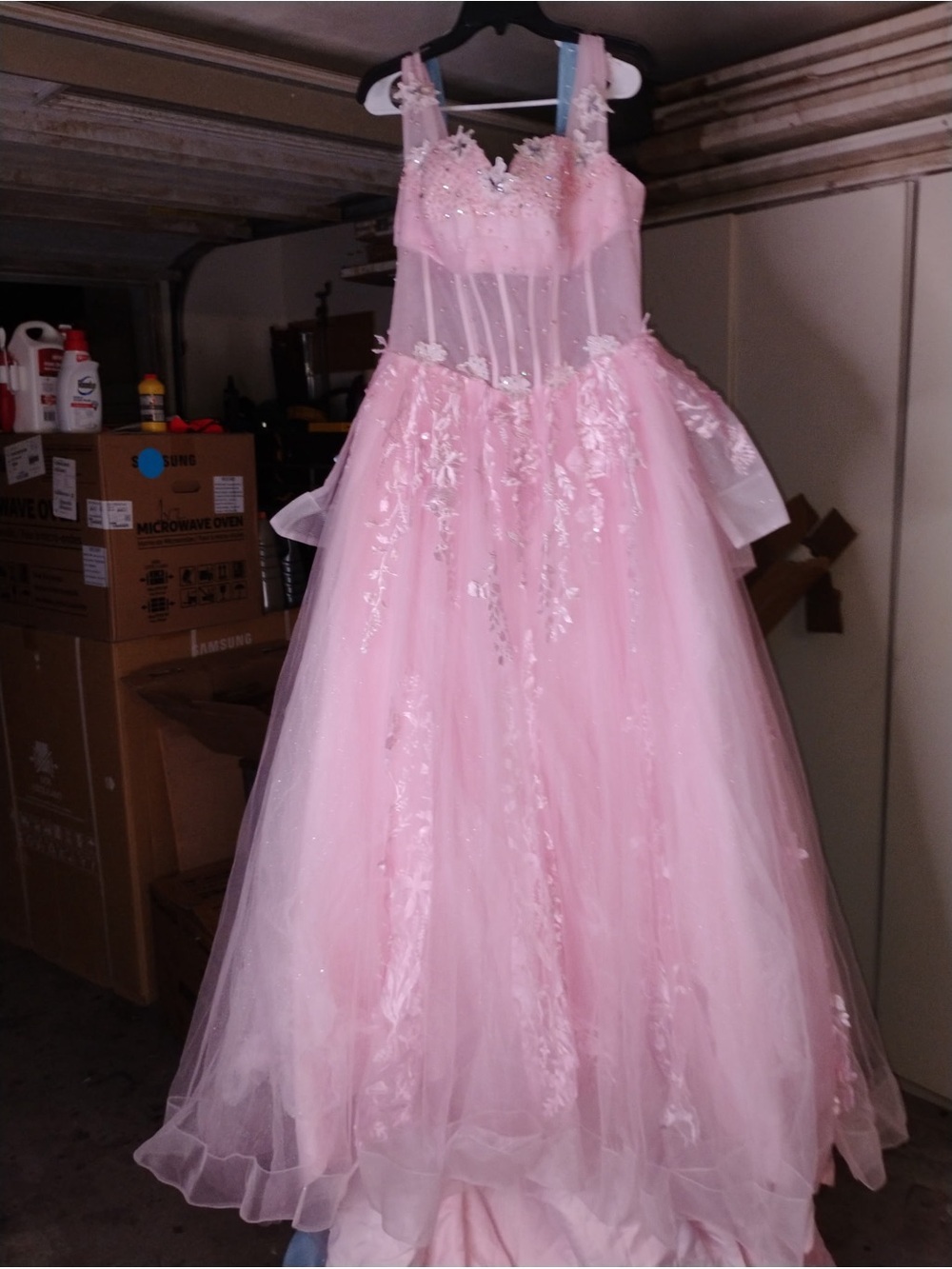 Pink Tulle Ball Gown with Floral Appliqué